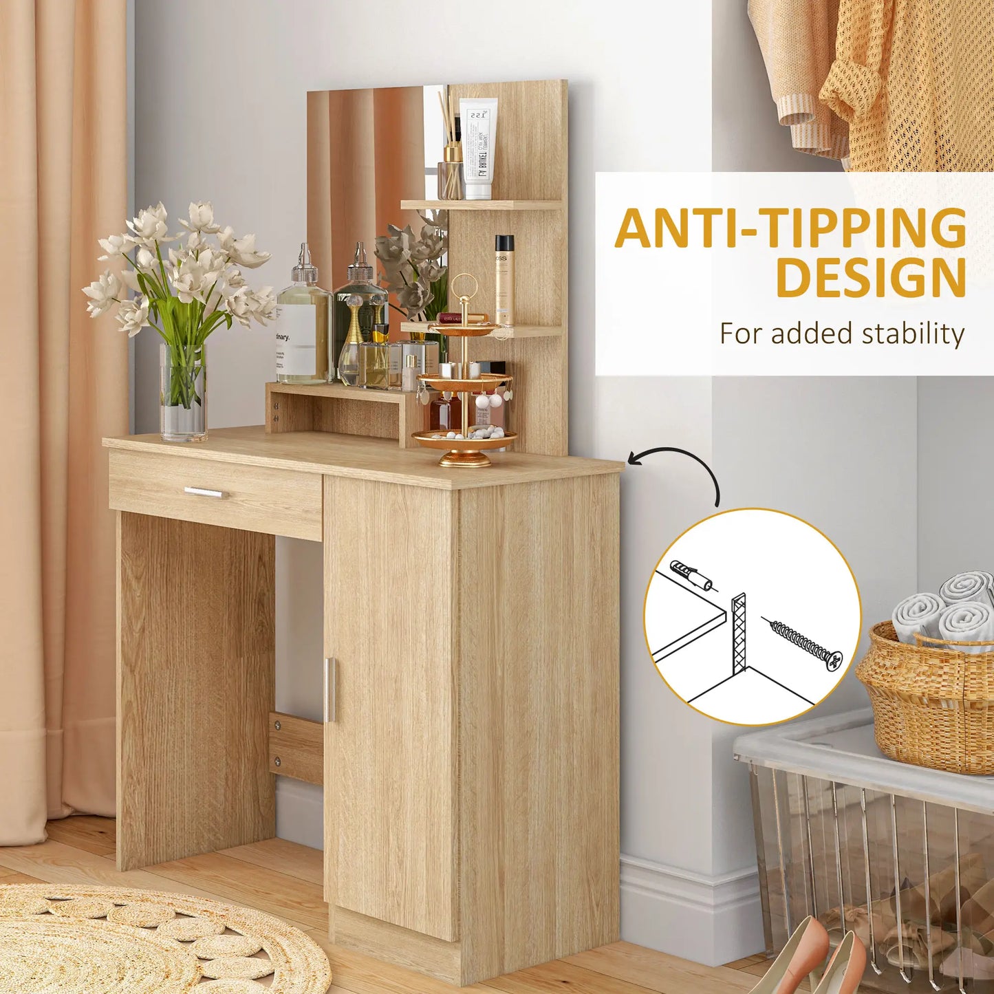 Vanity Table with Mirror, Drawer, Storage Shelves, 35.4 x 15 x 54.3 Inches, Natural Wood Dressing & Vanity Tables at Gallery Canada