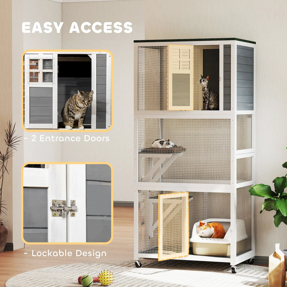 74" Wooden Outdoor Cat House, Weatherproof, Wheeled, High Weight Capacity, White Outdoor Cat Enclosures at Gallery Canada