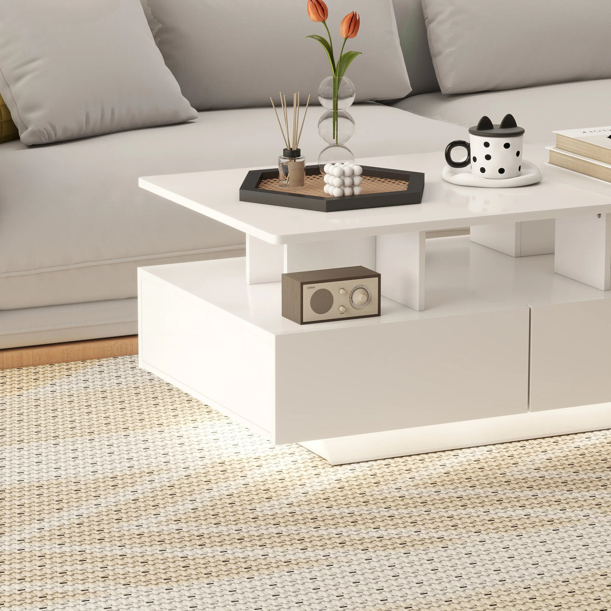 Modern Coffee Table with RGB LED Lights, 4 Drawers, Open Shelf, Remote, High Gloss White, White Coffee Tables at Gallery Canada