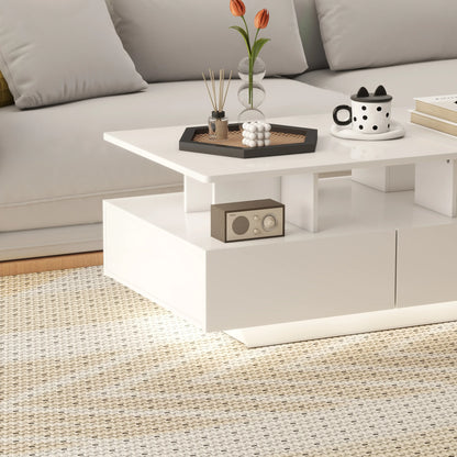Modern Coffee Table with RGB LED Lights, 4 Drawers, Open Shelf, Remote, High Gloss White, White Coffee Tables at Gallery Canada