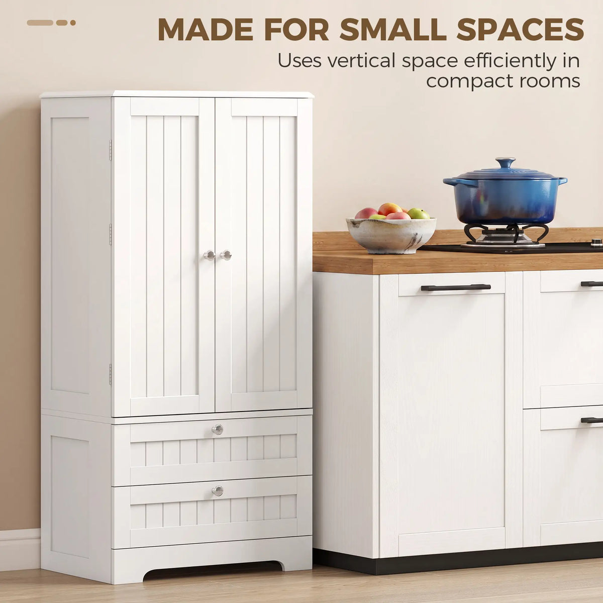 47" Tall Farmhouse Pantry Cabinet, 6 Door Racks, 2 Drawers, White Kitchen Pantry Cabinets at Gallery Canada
