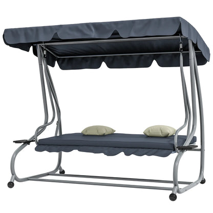 3-Seat Outdoor Swing Canopy Chair, Adjustable Shade, Cushions, Cup Holder, Dark Grey Patio Swings with Stand Dark Grey at Gallery Canada