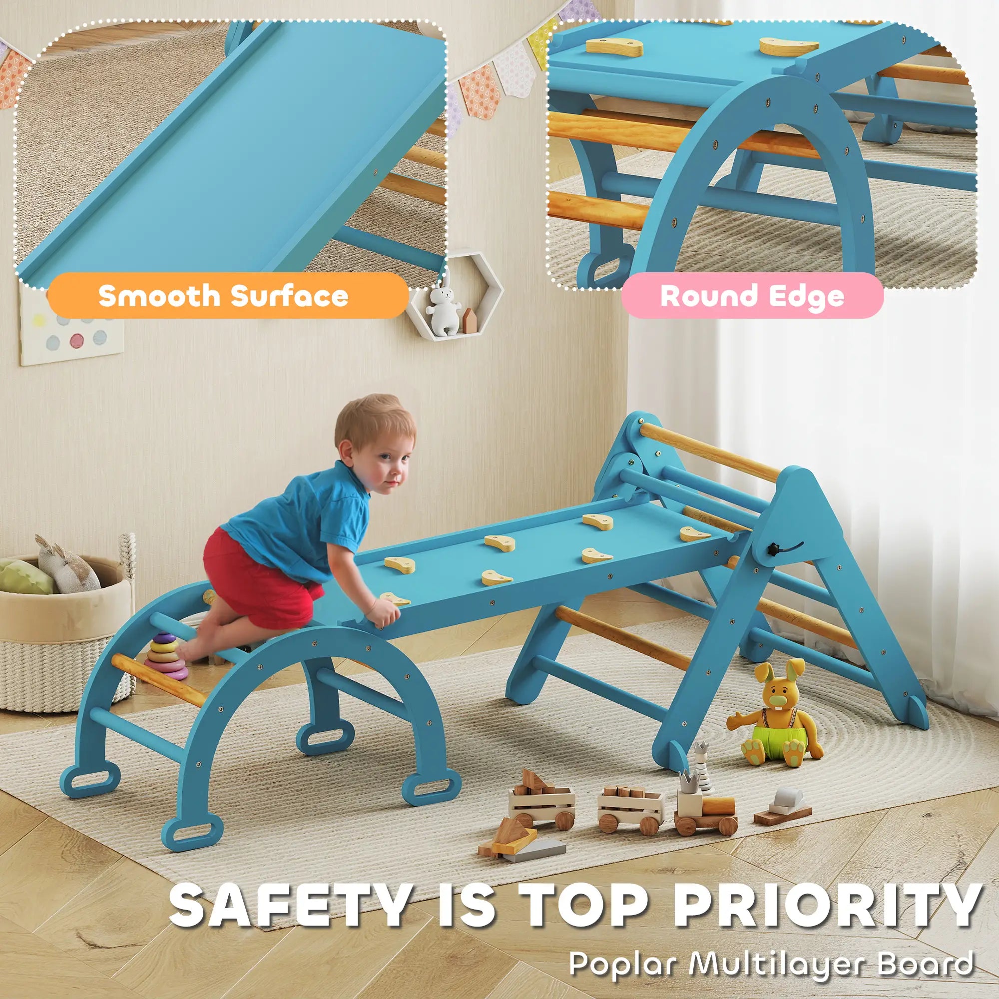 7-in-1 Pikler Triangle Set, Foldable Wooden Climbing Toys, Blue Kids Gym & Playmats at Gallery Canada