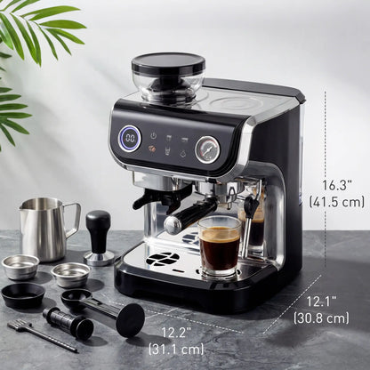 15 Bar Espresso Machine With Grinder & Milk Frother, Stainless Steel, Black Small Kitchen Appliances at Gallery Canada