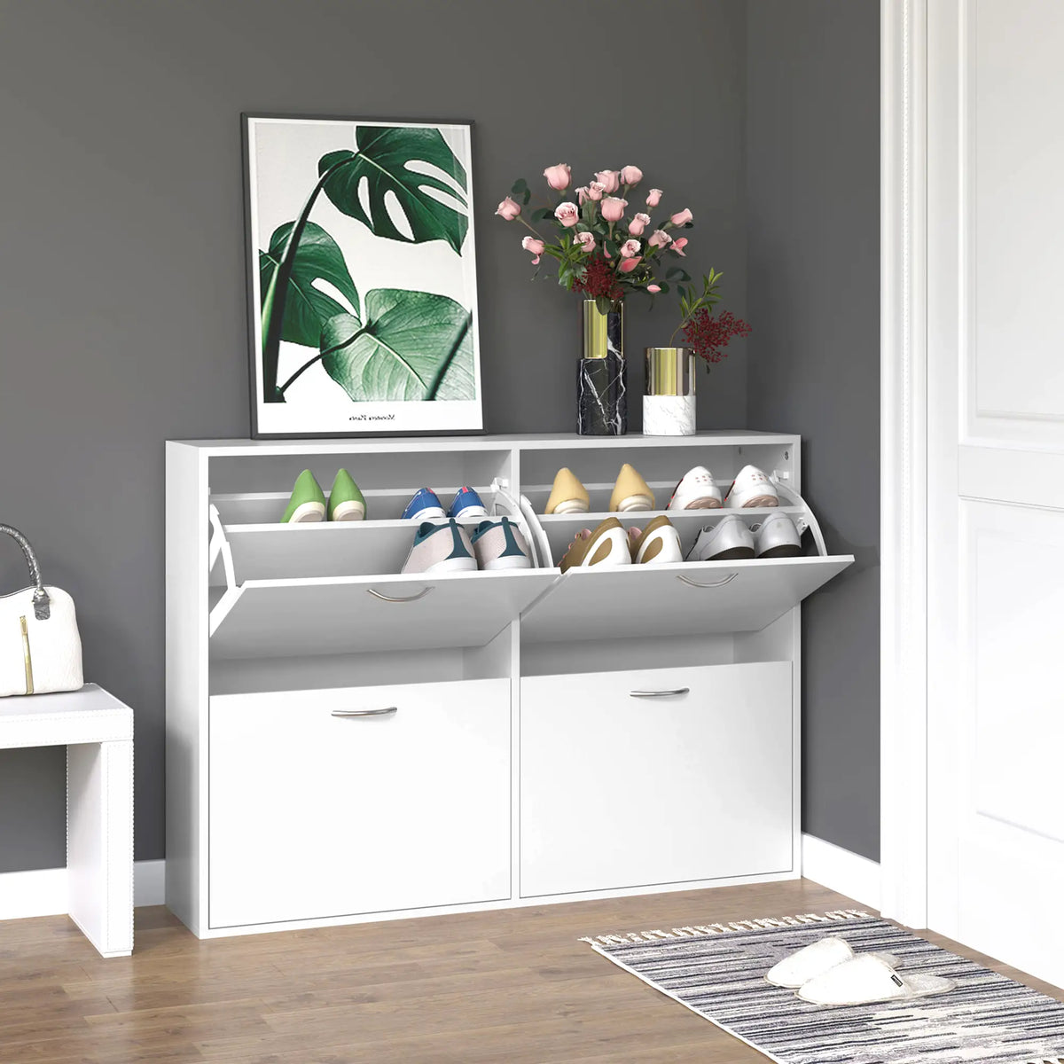 Flip Down Shoe Rack, Wooden Shelf, 4 Drawer Organizer, White Shoe Storage Cabinets & Racks at Gallery Canada