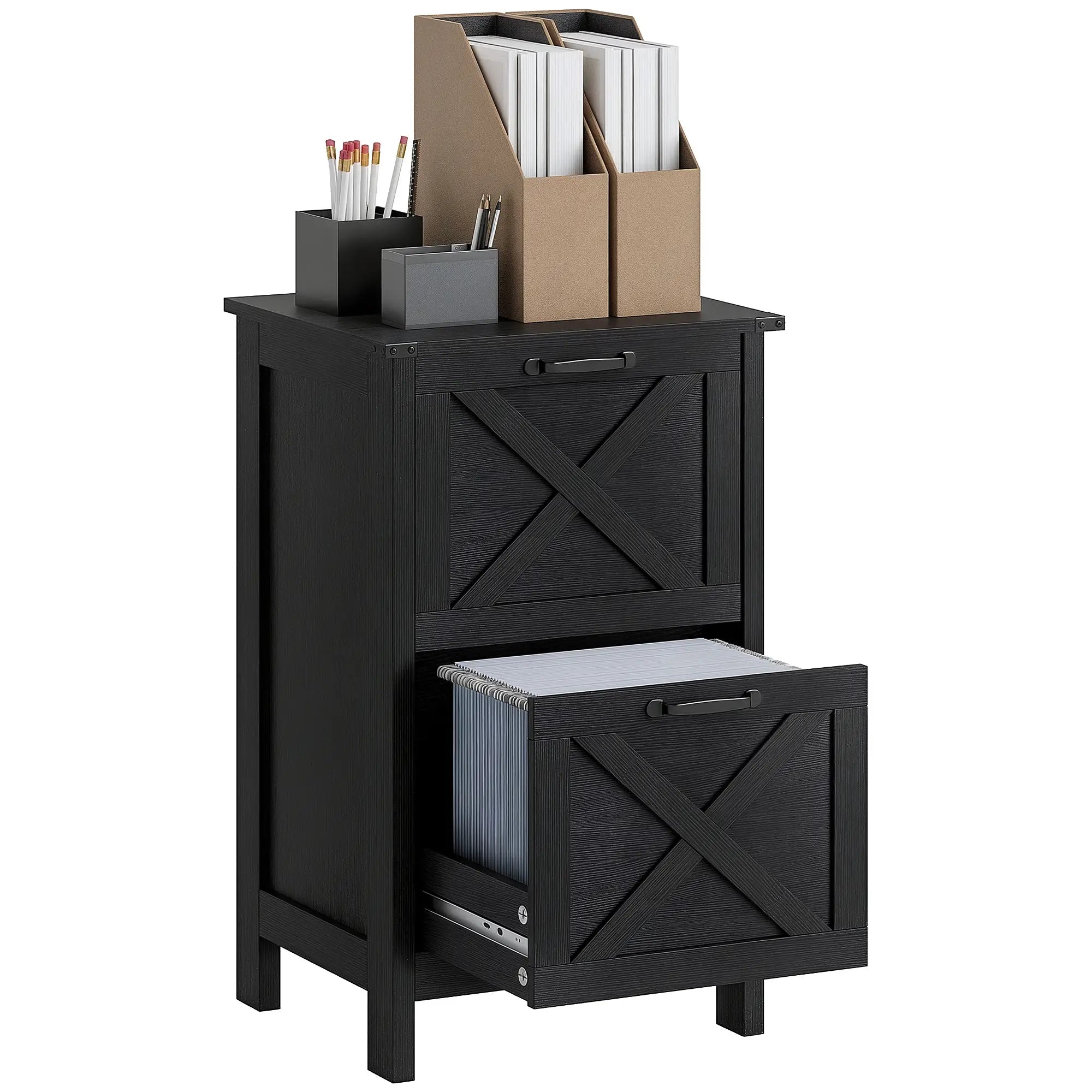 Vertical 2-Drawer Filing Cabinet, Rustic Farmhouse, A4 Letter Size, Distressed Black, Black Office Cabinets & Cupboards at Gallery Canada