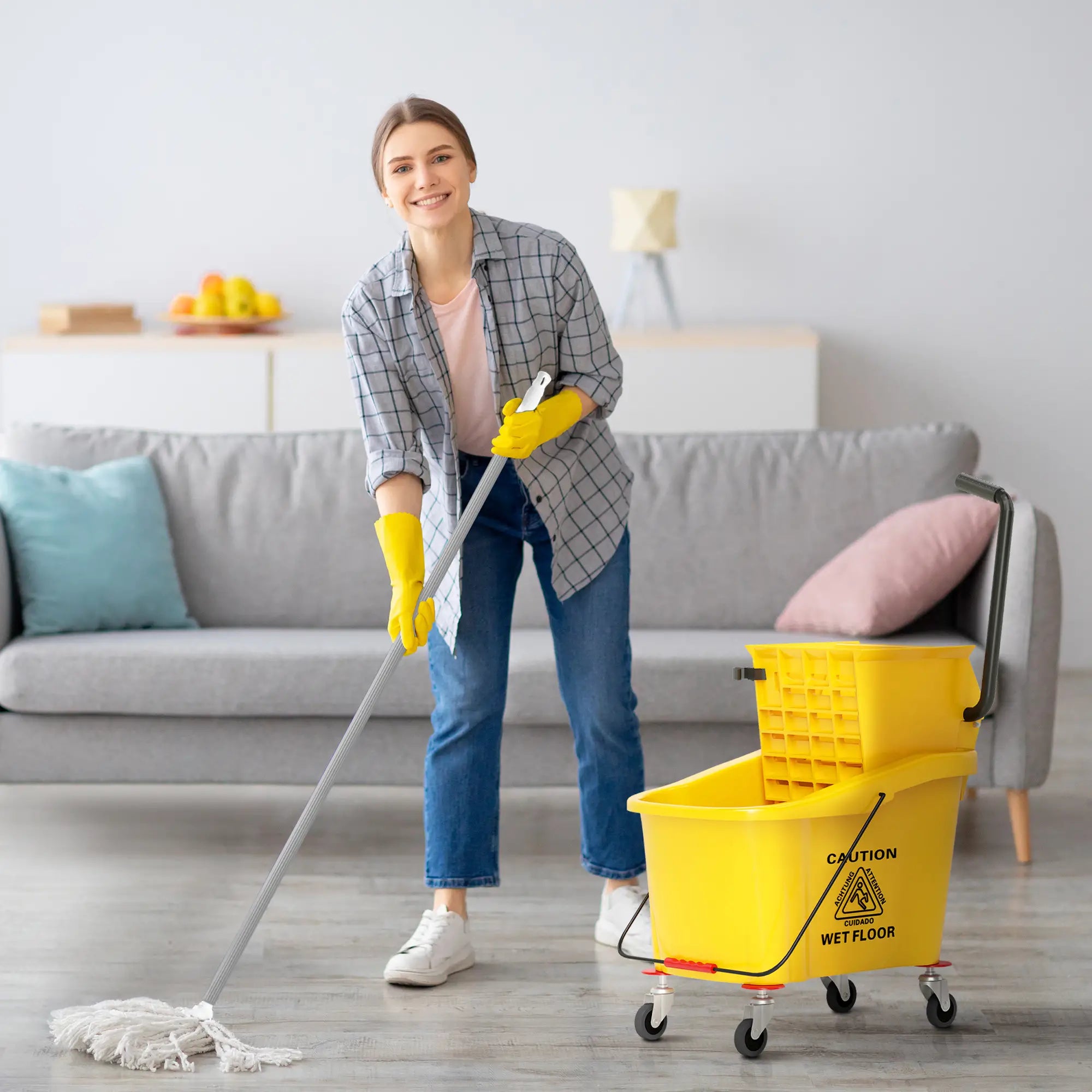 Mop Bucket with Wringer on Wheels, 38 Quart, Yellow Household Supplies at Gallery Canada