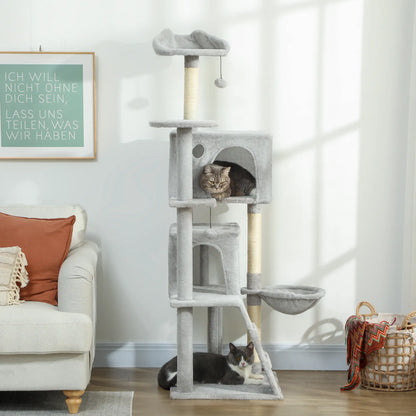 63 Inch Cat Tree, Sisal Scratching Posts, Condos, Plush Perches, Hammock, Ladder, Dangling Balls, Light Grey Cat Towers at Gallery Canada