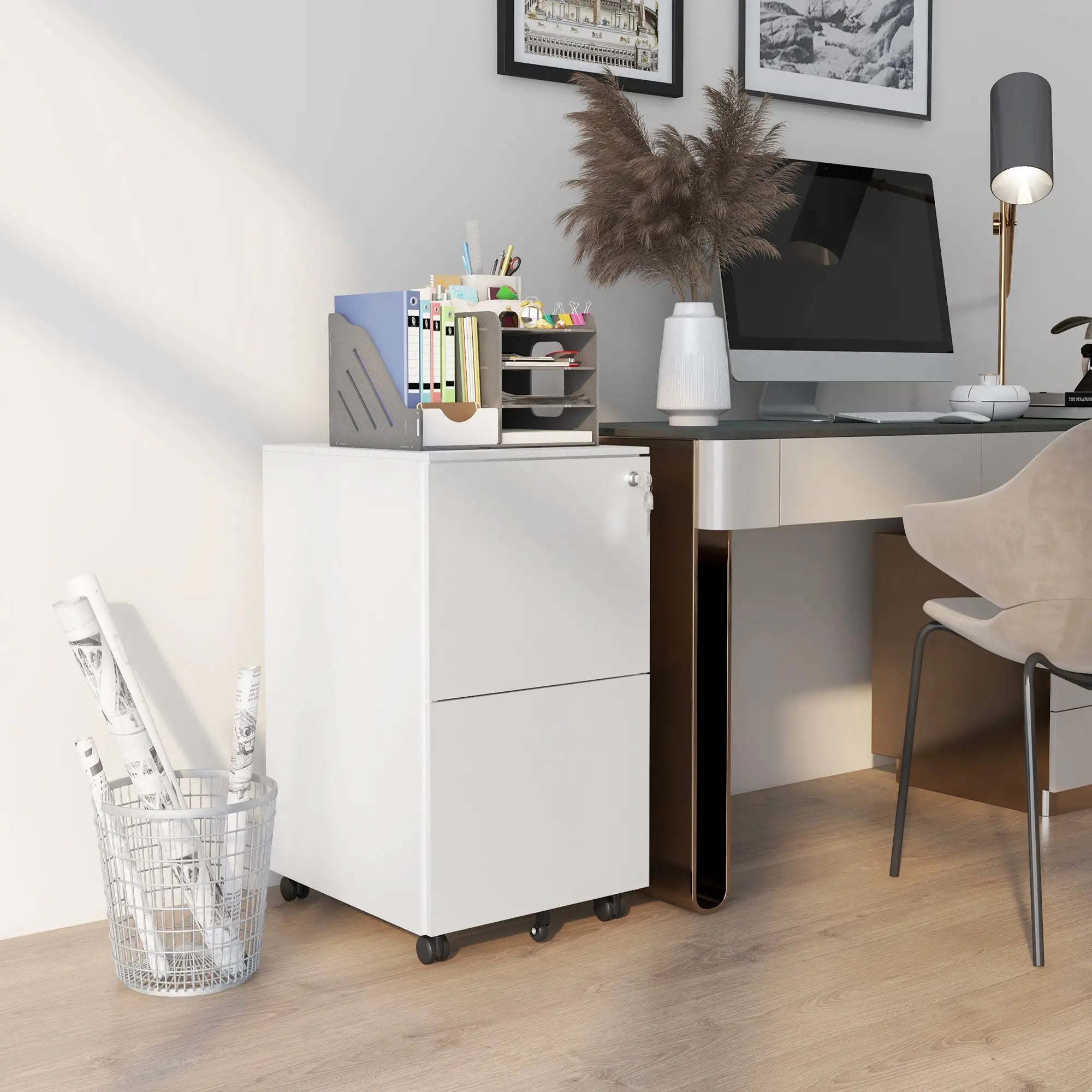 2-Drawer Steel Filing Cabinet on Wheels, Lockable, Adjustable Hanging Bar, White Office Cabinets & Cupboards at Gallery Canada
