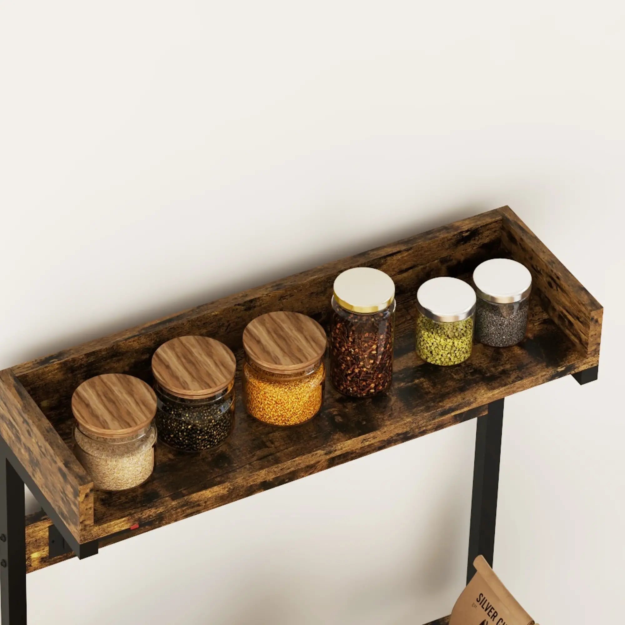 Kitchen Baker's Rack with Power Outlet, Adjustable Shelves, Rustic Brown, Brown Bar Cabinets at Gallery Canada