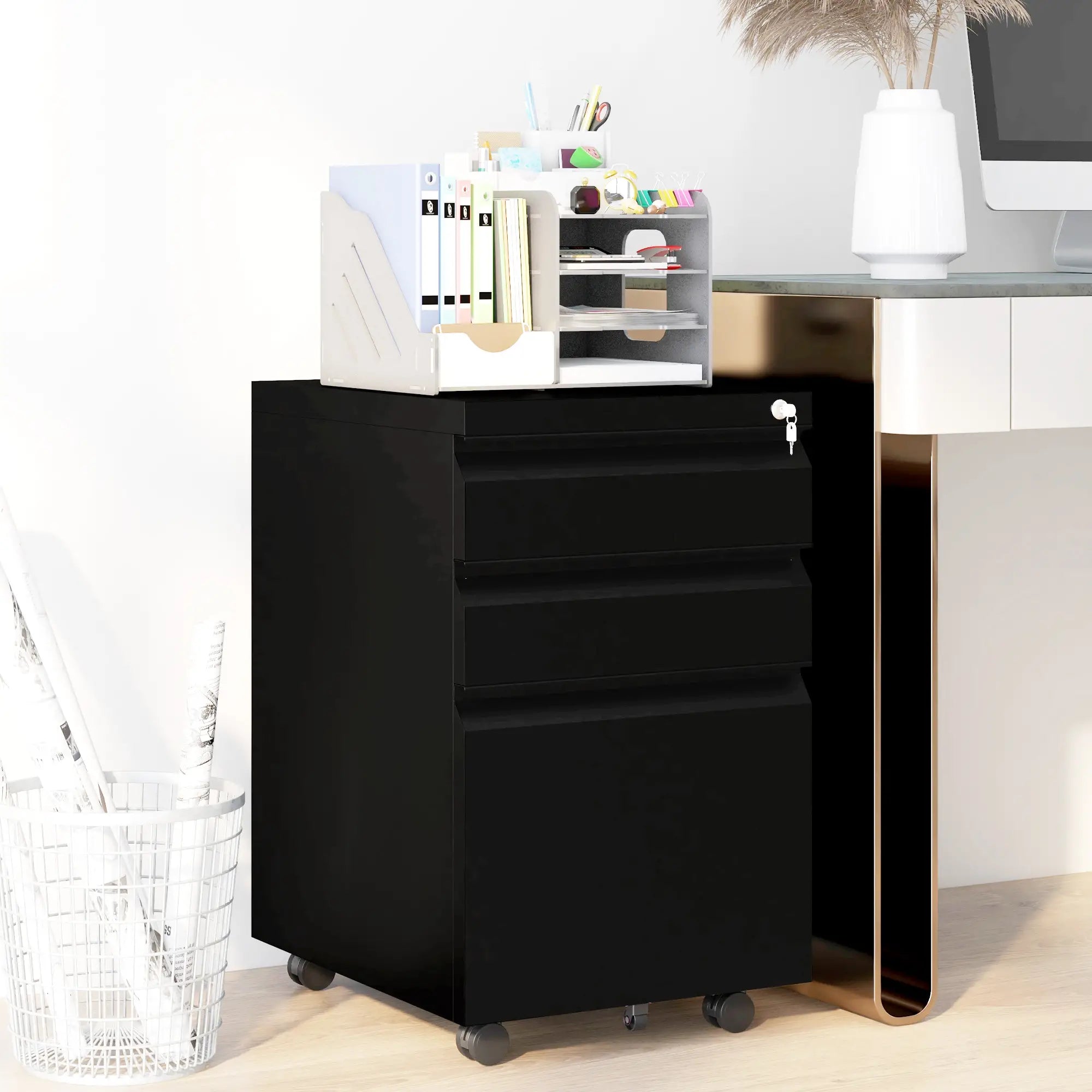 3 Drawer File Cabinet with Lock, Steel, 5 Wheels, Black Office Cabinets & Cupboards at Gallery Canada