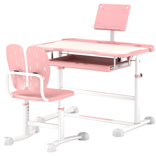 Adjustable Kids Desk and Chair Set, Tilt Desktop, Large Writing Board, Pink