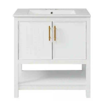 Bathroom Vanity with Ceramic Sink, Gold Handles, Soft Close Doors, 30" L x 18.5" W x 34" H, White Sink Cabinets White at Gallery Canada