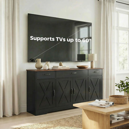 55" Sideboard Buffet Cabinet, Farmhouse Kitchen, 4 Barn Doors, 3 Drawers, Black Bar Cabinets at Gallery Canada