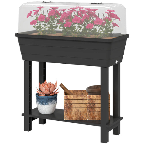 41L Self Watering Raised Garden Bed, Transparent Lid, Storage Shelf, Black