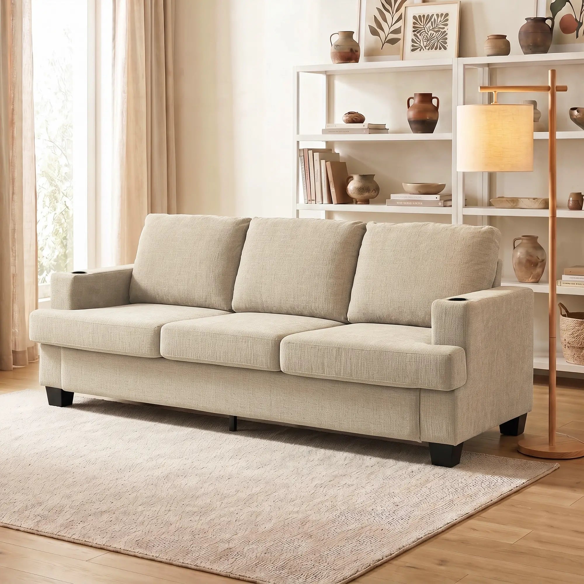 3 Seater Sofa with USB Ports, Cup Holders, Chenille Upholstery, Light Brown 3-Seater Sofas at Gallery Canada