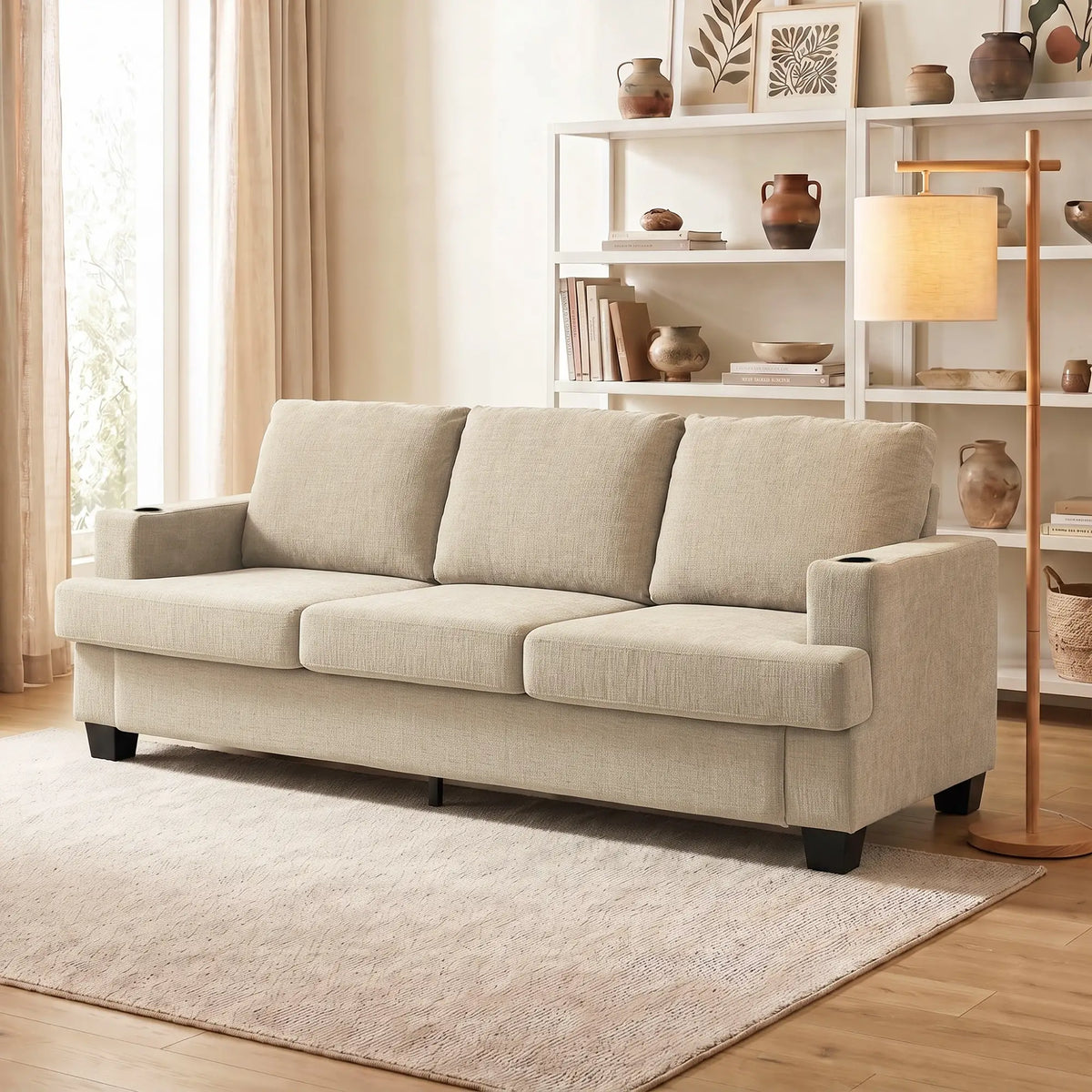 3 Seater Sofa with USB Ports, Cup Holders, Chenille Upholstery, Light Brown 3-Seater Sofas at Gallery Canada