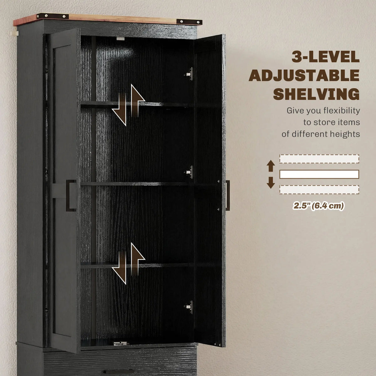 67" Tall Kitchen Pantry Cabinet With Doors, Drawers, Adjustable Shelves, Black Kitchen Pantry Cabinets at Gallery Canada