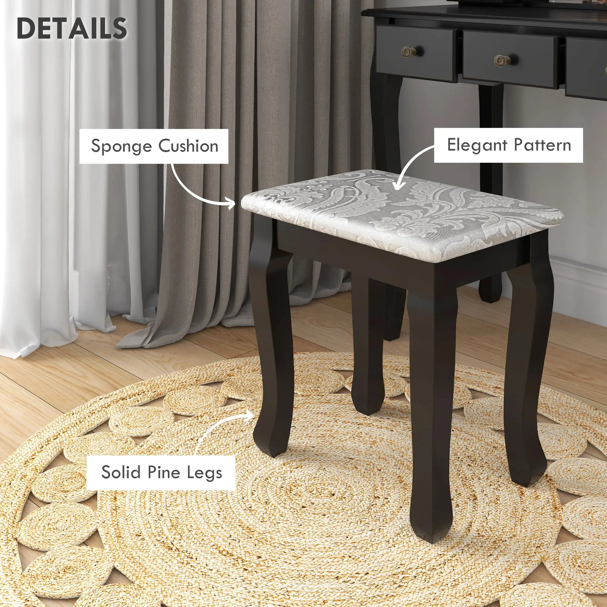 Wooden Vanity Table, 360° Rotating Oval Mirror, 5 Drawers, Padded Stool, Black Dressing & Vanity Tables at Gallery Canada