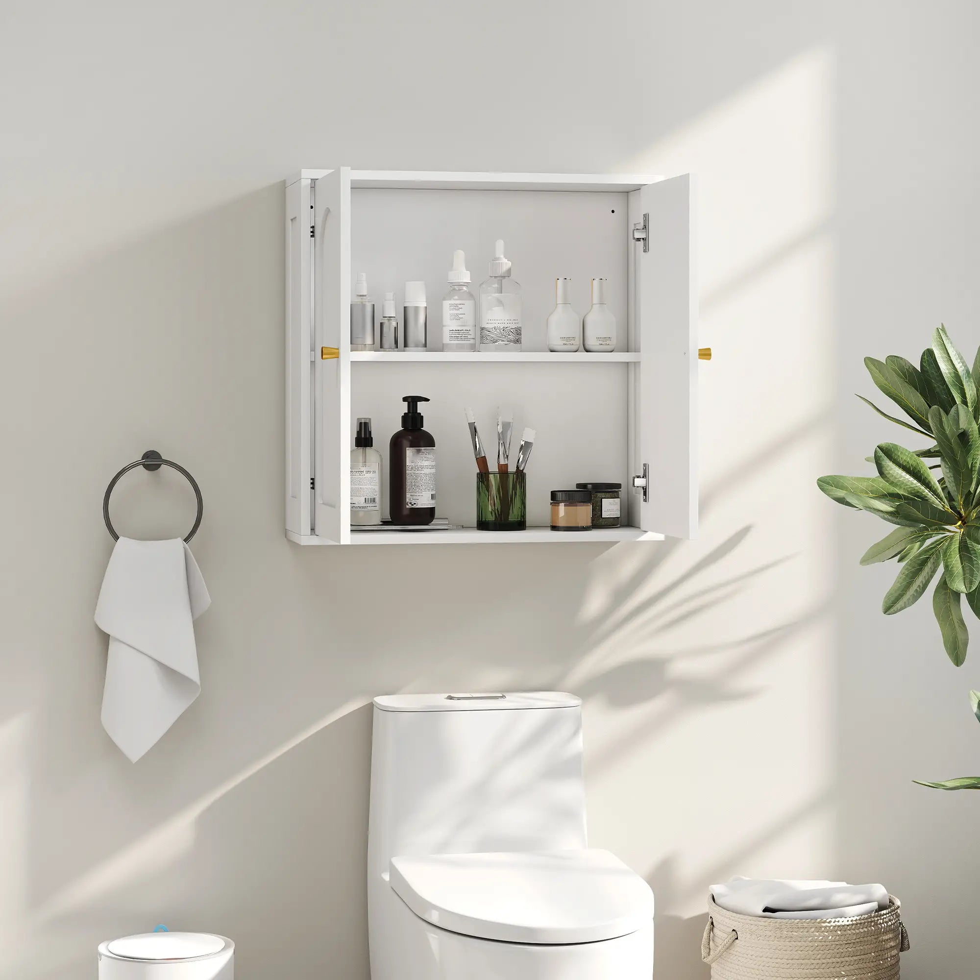 Modern Medicine Cabinet, Wood Grain, 2 Arched Doors, Gold Handles, White Bathroom Cabinets at Gallery Canada