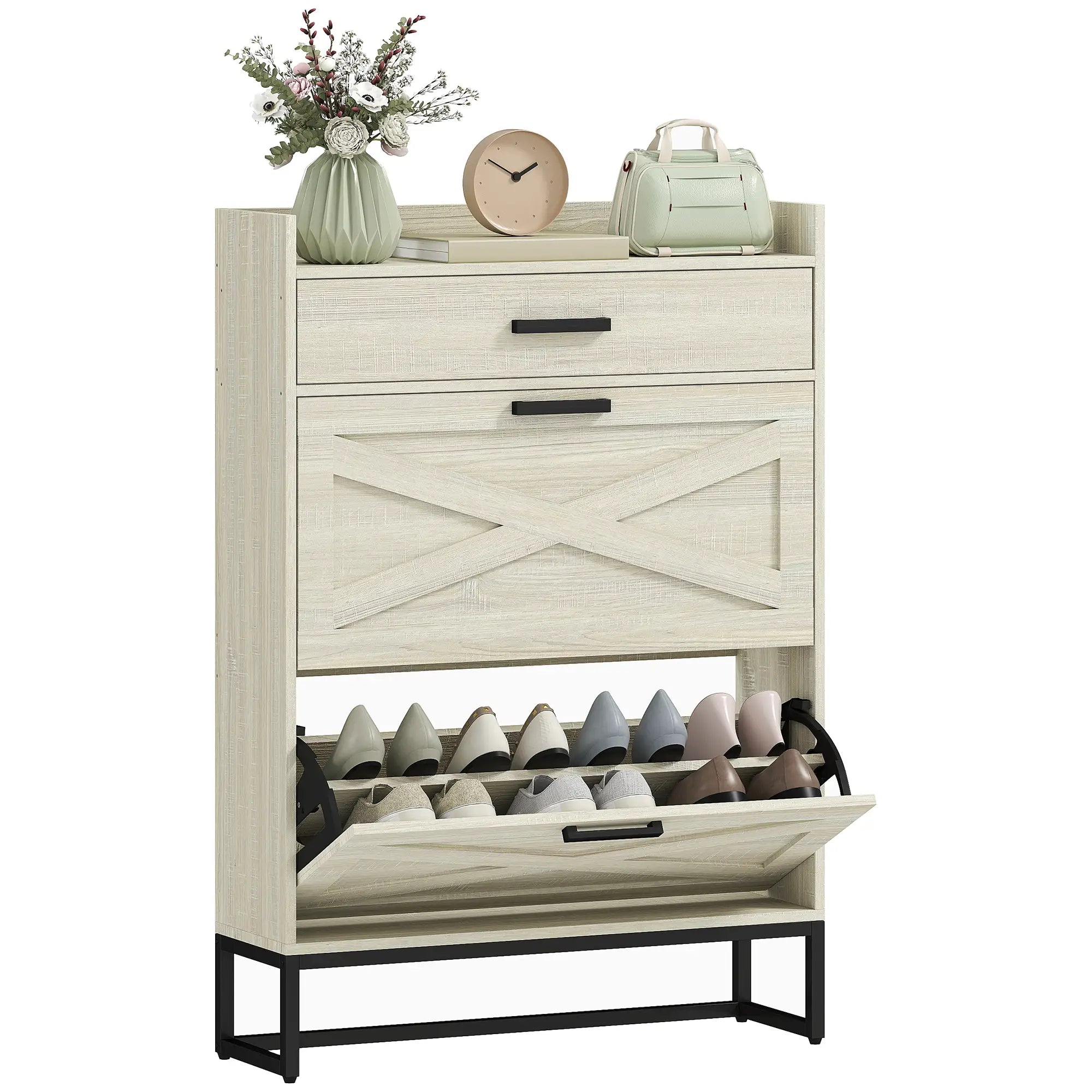 Slim Shoe Storage, 2 Flip Drawers, Adjustable Shelves, 12 Pair, Distressed, White Shoe Storage Cabinets & Racks at Gallery Canada