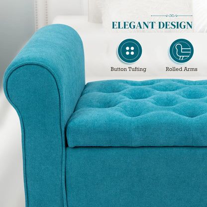 50 Inches Upholstered Storage Ottoman, Rolled Arms, Button Tufted, Teal Storage Ottomans & Benches at Gallery Canada
