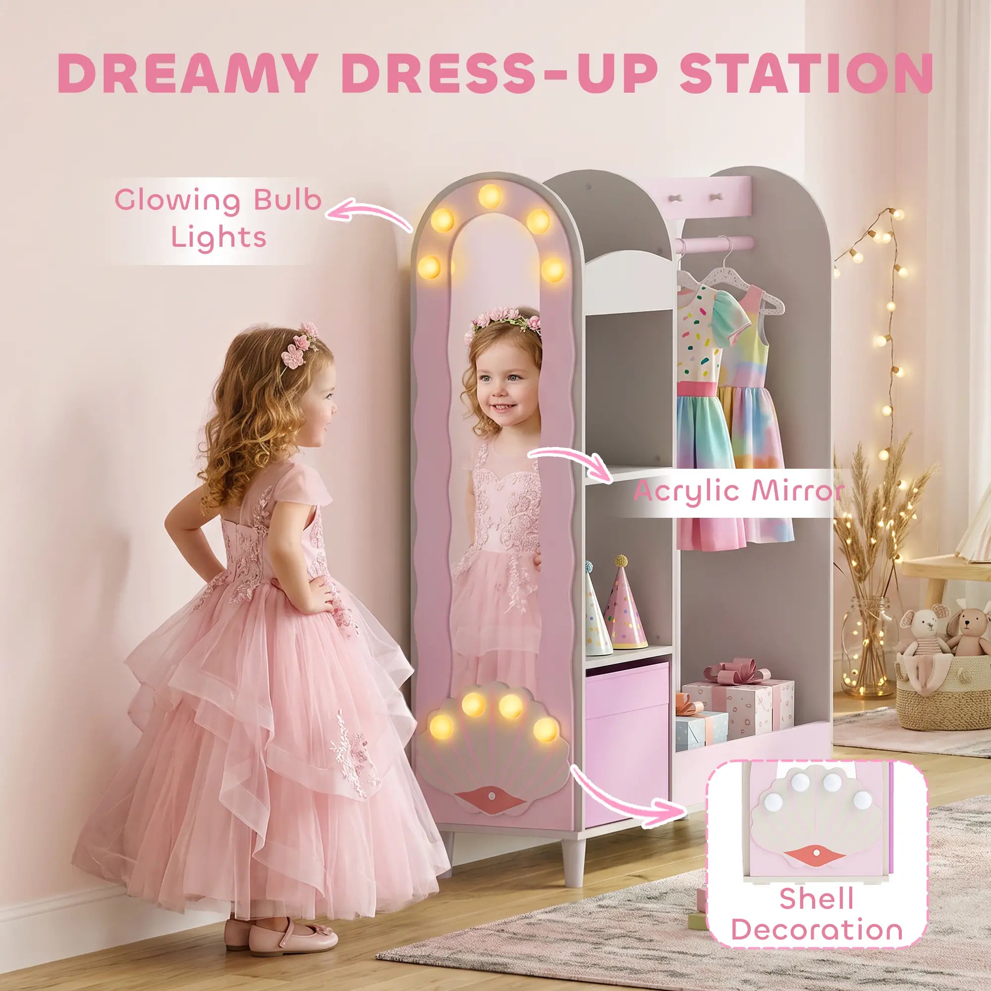 Kids Clothing Rack with Mirror, Drawer & Shelves, Pink Kids Bedroom Furniture at Gallery Canada