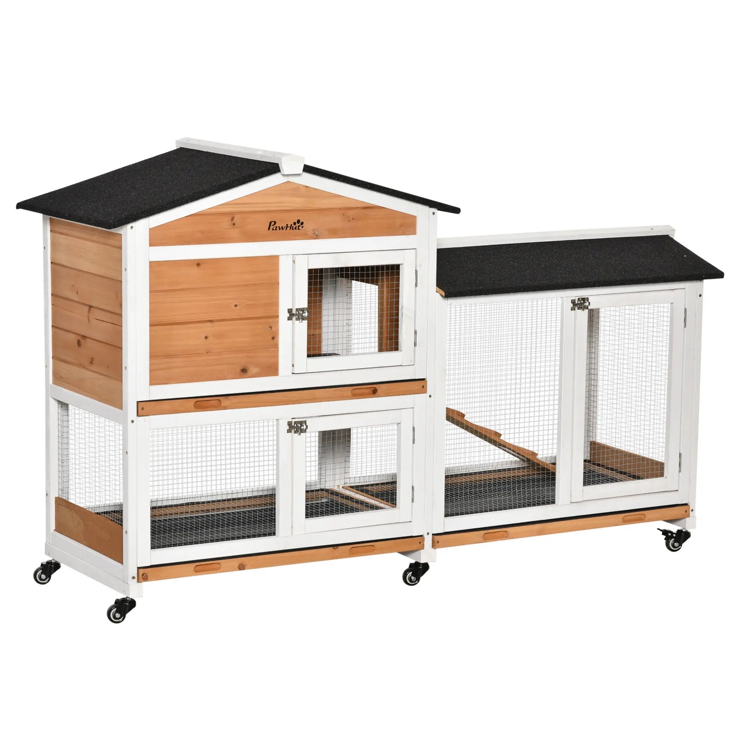 62" Wooden Rabbit Hutch with Wheels, Run Box, Tray, Ramp, Yellow Rabbit Hutch at Gallery Canada