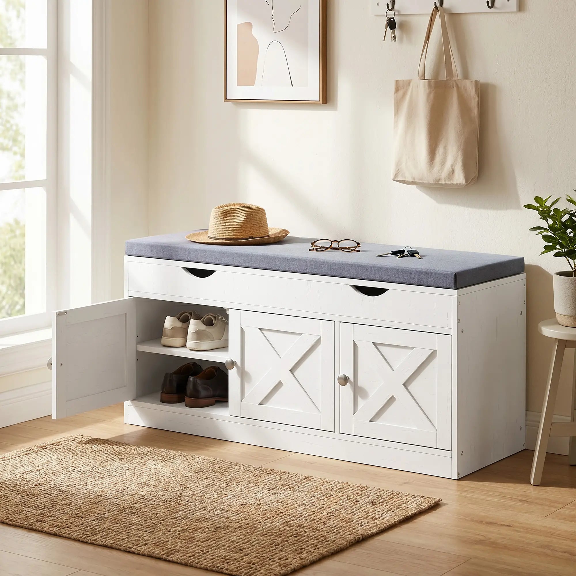 3-Door Shoe Bench with Cushion, Adjustable Shelves, White Shoe Storage Cabinets & Racks at Gallery Canada