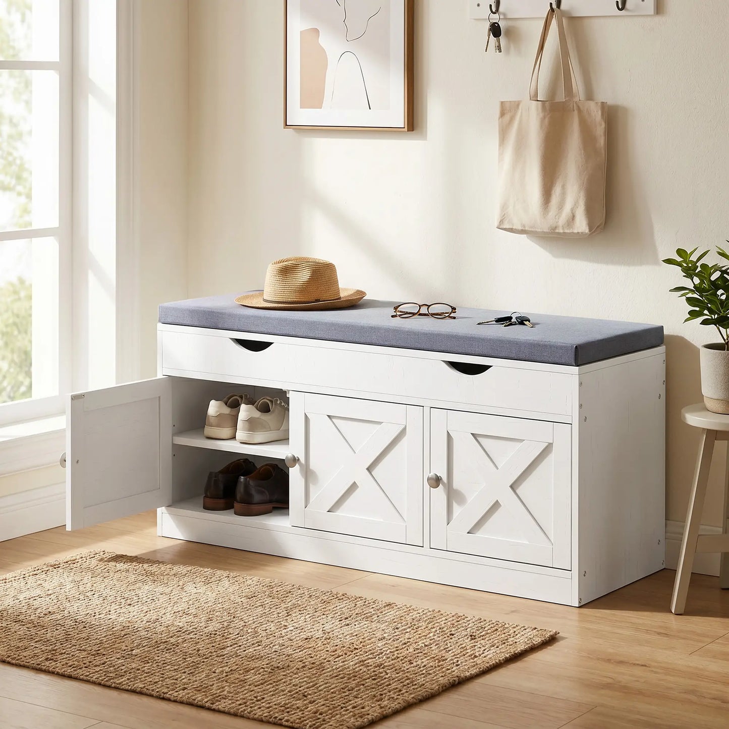 3-Door Shoe Bench with Cushion, Adjustable Shelves, White Shoe Storage Cabinets & Racks at Gallery Canada