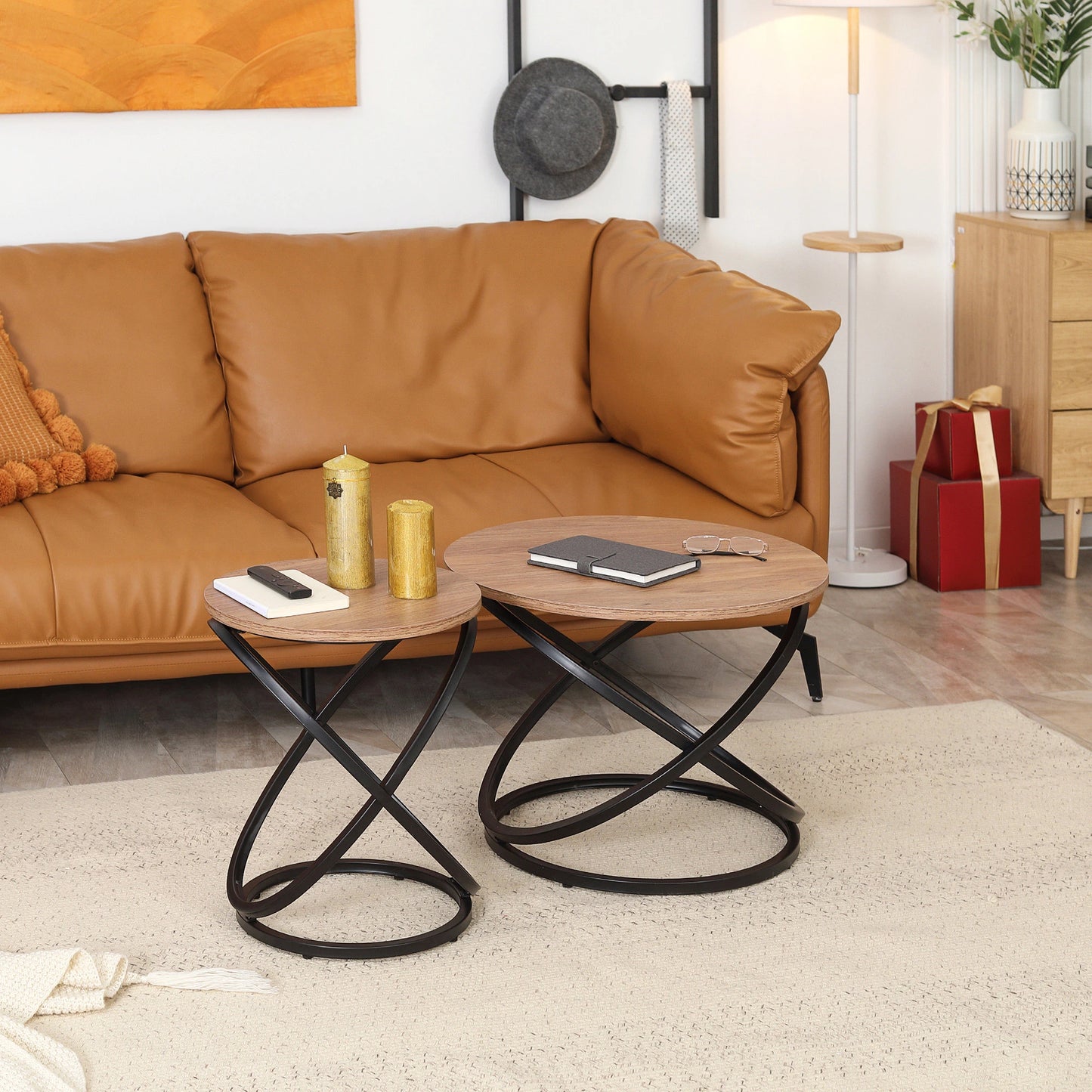 Industrial Round End Table, Steel Frame, 15.7"x15.7"x19.7", Light Brown Coffee Tables at Gallery Canada