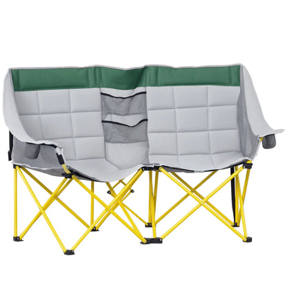 62" W Double Camping Chair Folding Loveseat With Storage, Cup Holder, Green Picnic Tables & Camping Chairs Green, Grey & Yellow at Gallery Canada