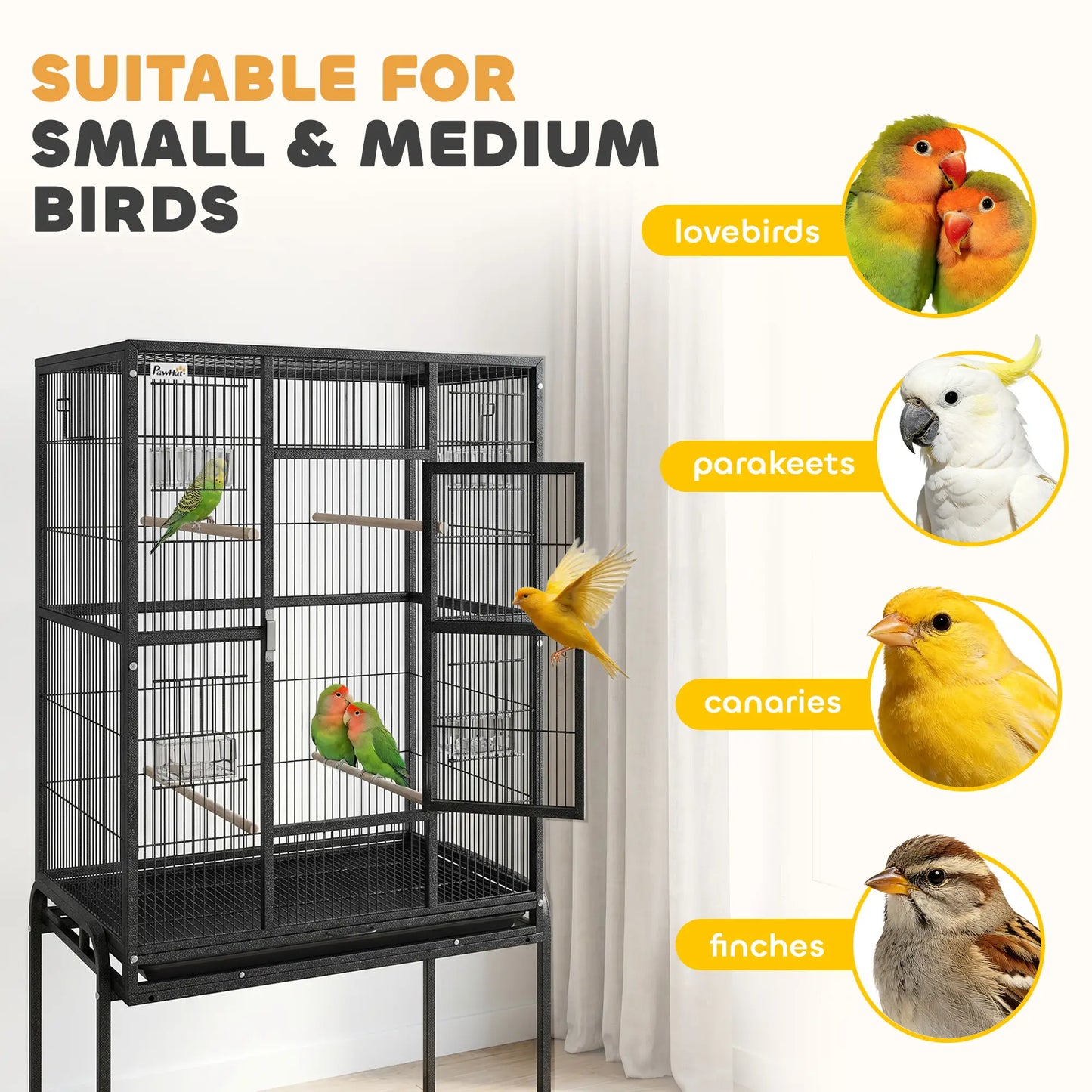 56"H Bird Cage, Parrot Cage w/ Detachable Rolling Stand, Removable Tray, Storage Shelf, Perches, Food Container Bird Cages at Gallery Canada