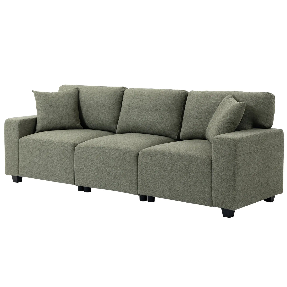 3 Seater Sofa With Storage Pockets, Modern Upholstered Couch, Green