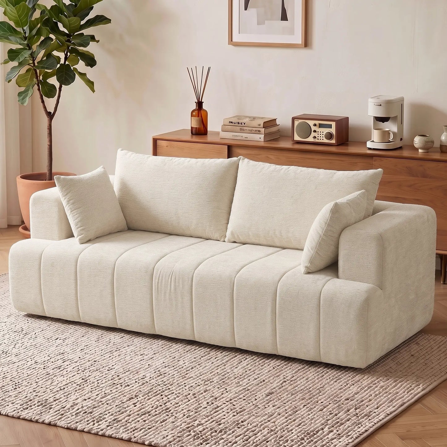 3 Seater Chenille Cloud Couch, Spring Cushion, Beige