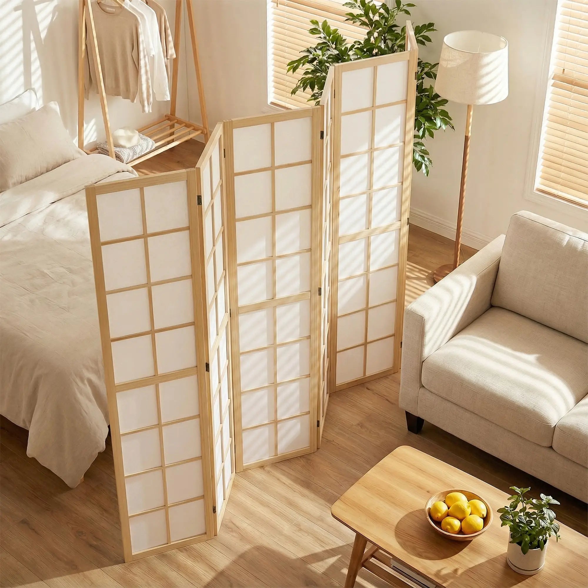 6 Panel Room Divider, 5.6 ft, Natural Wood, Folding Wall Partition Room Dividers at Gallery Canada