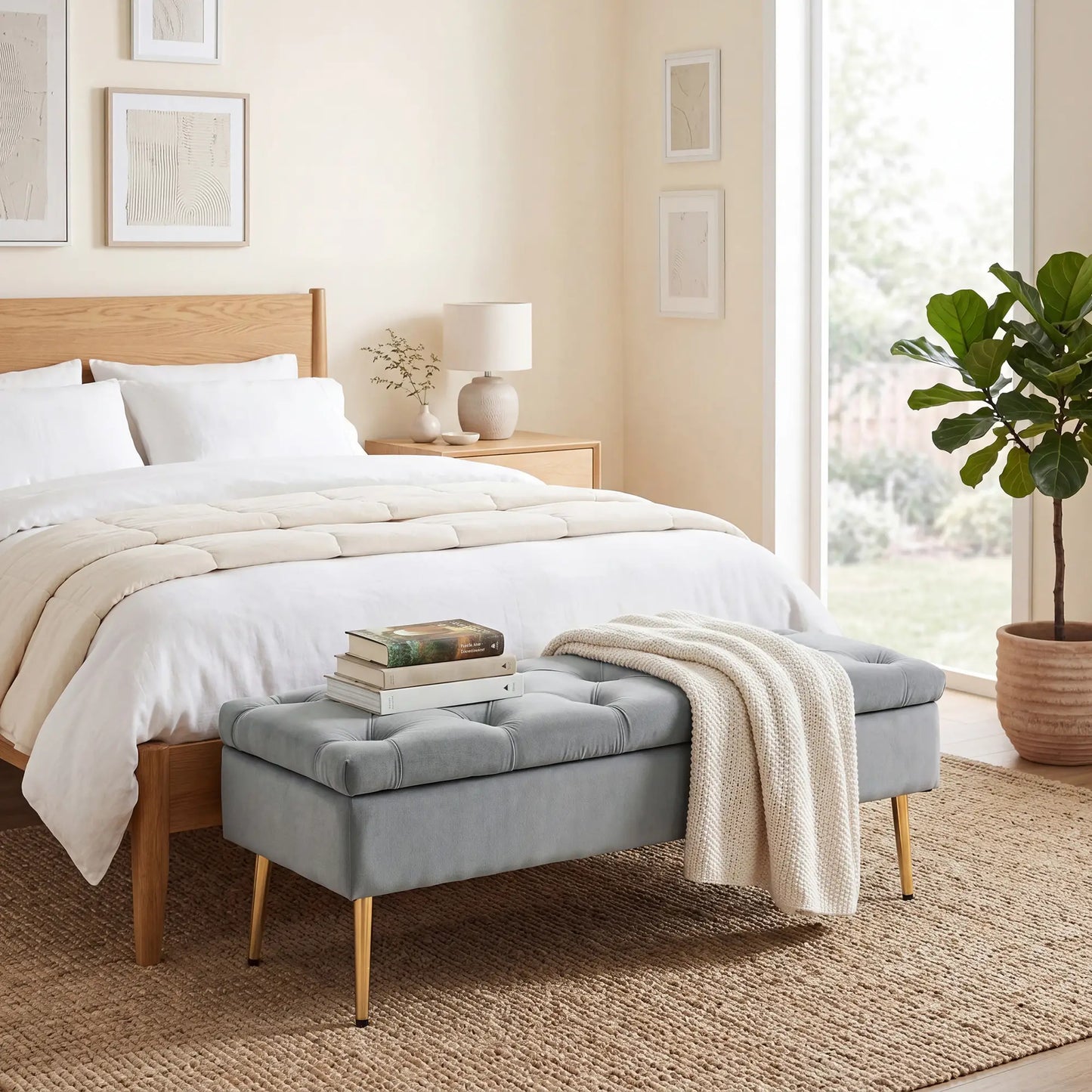 Upholstered Bedroom Bench with Gold Tone Metal Legs, Velvet Tufted and Thick Padding, Grey Storage Ottomans & Benches at Gallery Canada