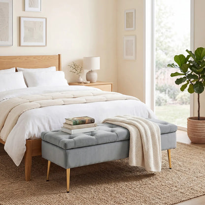 Upholstered Bedroom Bench with Gold Tone Metal Legs, Velvet Tufted and Thick Padding, Grey Storage Ottomans & Benches at Gallery Canada