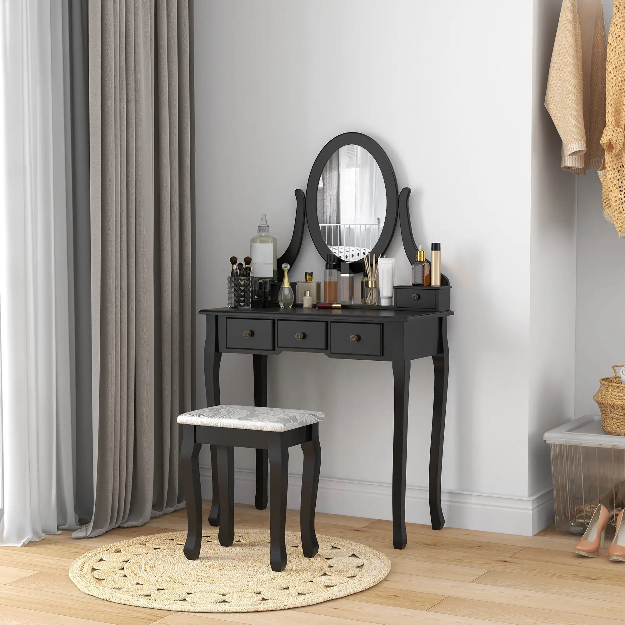 Wooden Vanity Table, 360° Rotating Oval Mirror, 5 Drawers, Padded Stool, Black Dressing & Vanity Tables at Gallery Canada