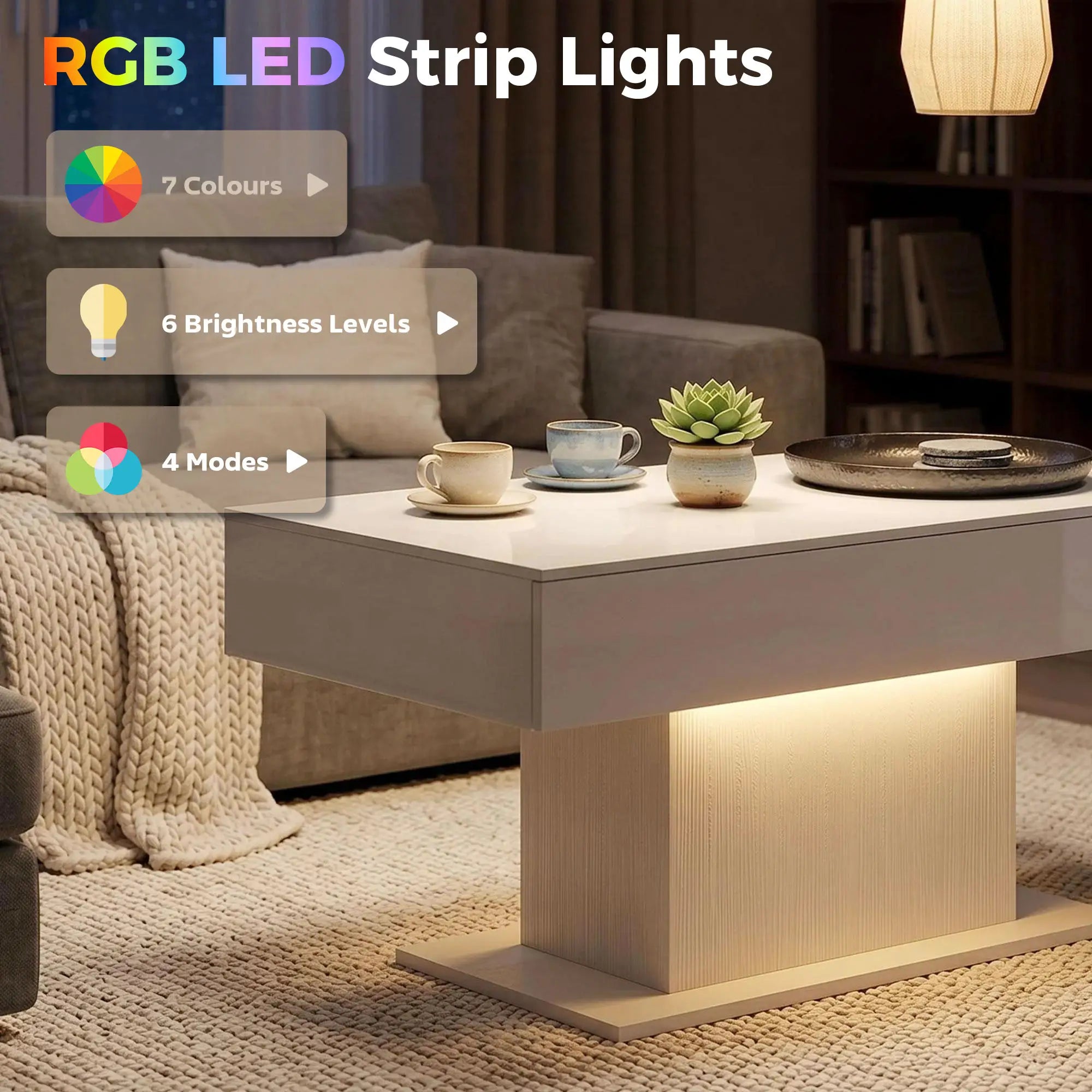 LED Coffee Table with Storage, High Gloss Modern Center Table with 2 Drawers and Remote Control for Living Room, White Coffee Tables at Gallery Canada