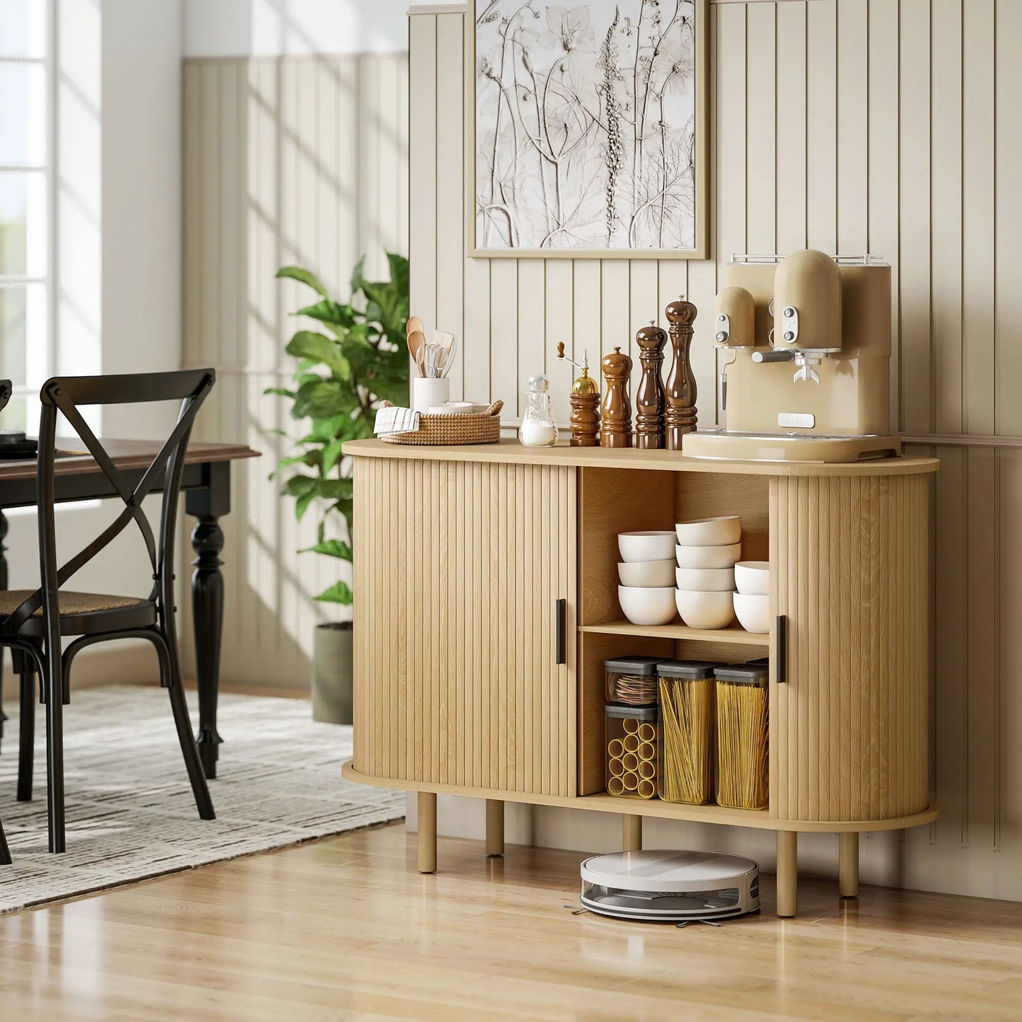 47" Buffet Cabinet, Fluted Sideboard with Sliding Doors, Oak, Oak Storage Cabinets at Gallery Canada