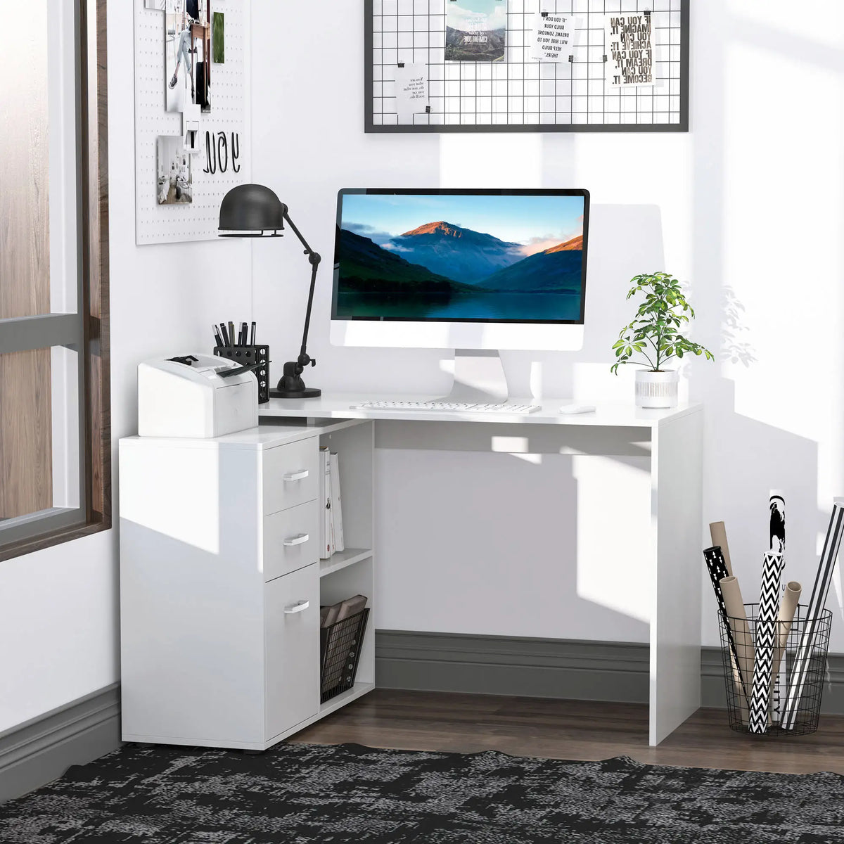 L-Shaped Corner Desk With Storage Shelf, Drawer, White Computer Desks at Gallery Canada