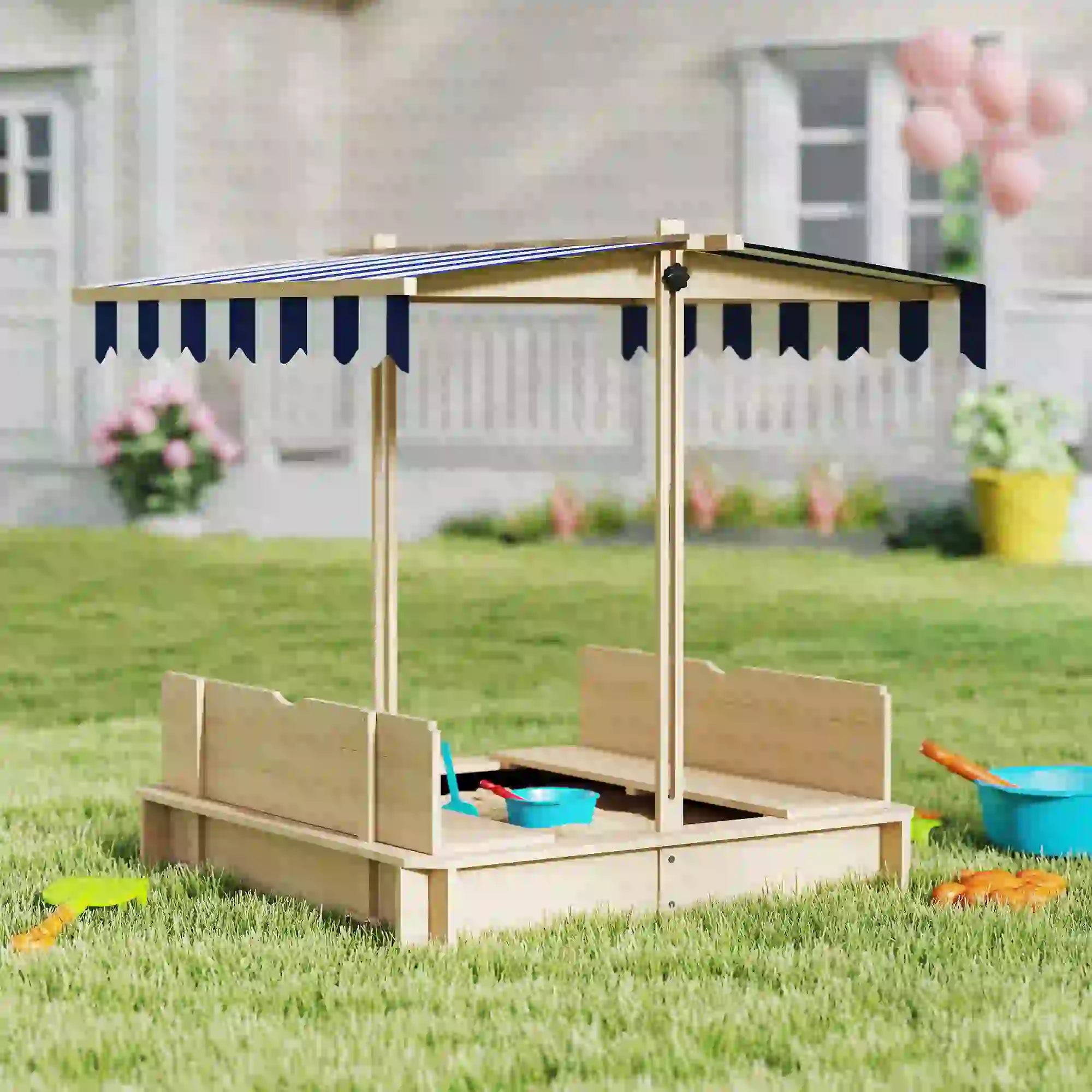 Kids Wooden Sandbox, Outdoor Playset, Adjustable Canopy, Convertible Bench, 3-7 Years Sandboxes & Accessories at Gallery Canada