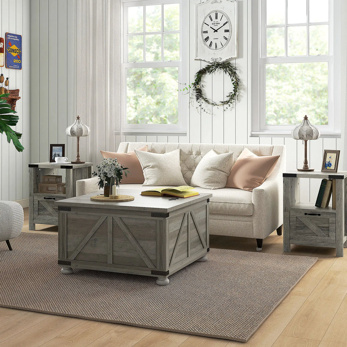Farmhouse Coffee Table, Square Flip-Top Lid, Hidden Storage, Distressed, Grey Coffee Tables at Gallery Canada