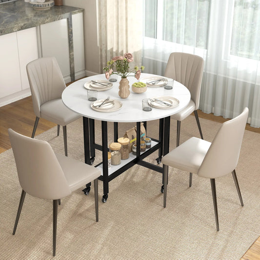 Folding Drop Leaf Table, White Marble, Open Shelf, Rolling Kitchen Table, White Dining Tables White Marble at Gallery Canada