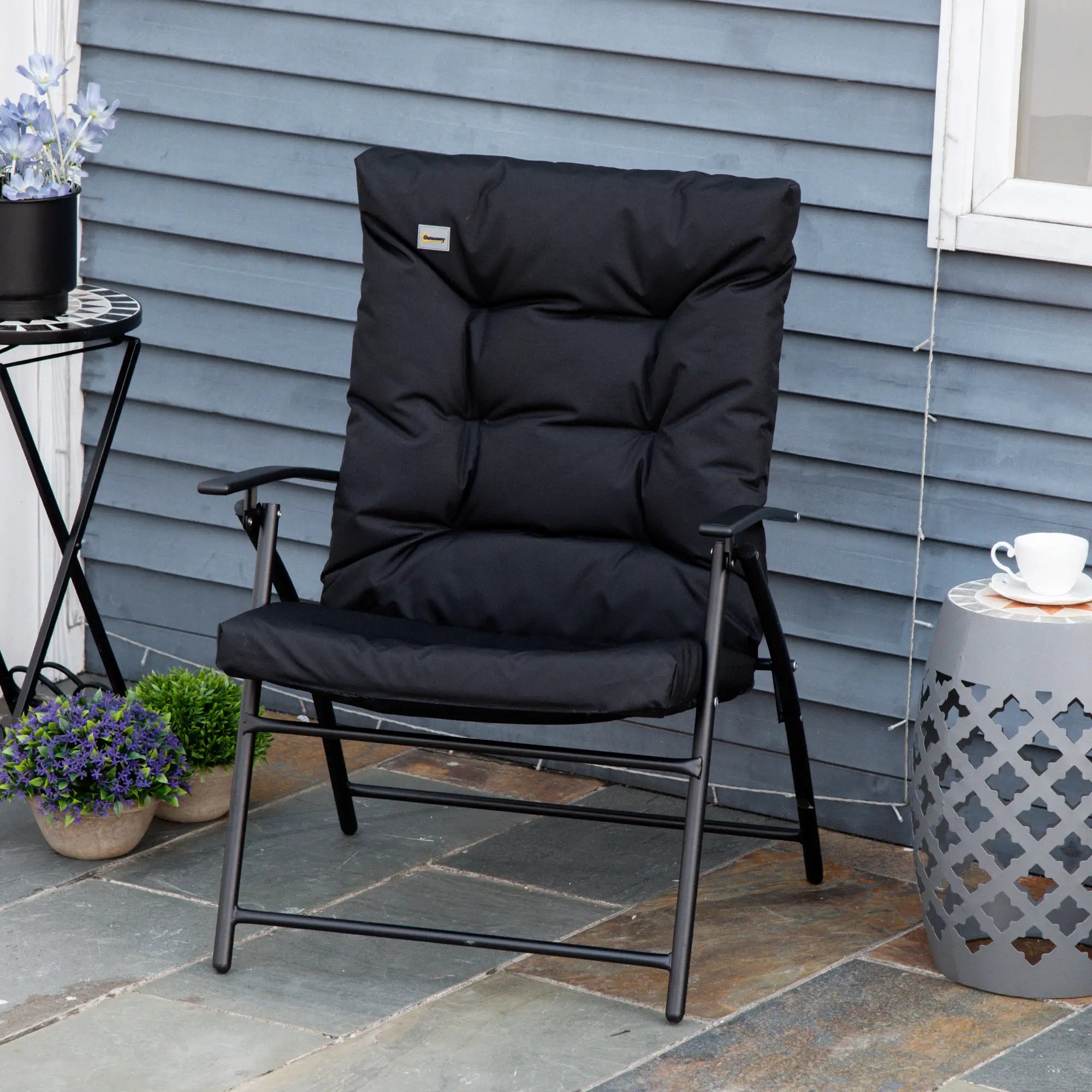 Foldable Lounge Chair Fabric Upholstered Recliner Outdoor Lounger, Black Patio Chairs at Gallery Canada