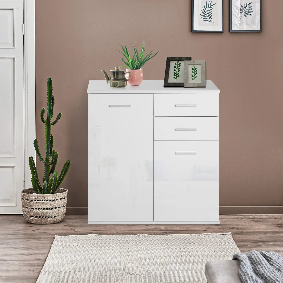 High Gloss Sideboard, 2 Drawers, 2 Doors, Adjustable Shelf, White Storage Cabinets at Gallery Canada
