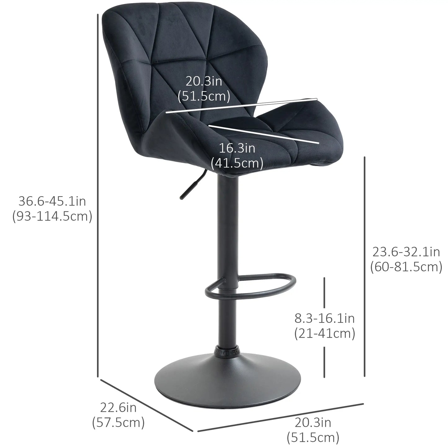 Adjustable Height Fabric Bar Stool Set of 2, Swivel Seat, Black Bar Stools at Gallery Canada