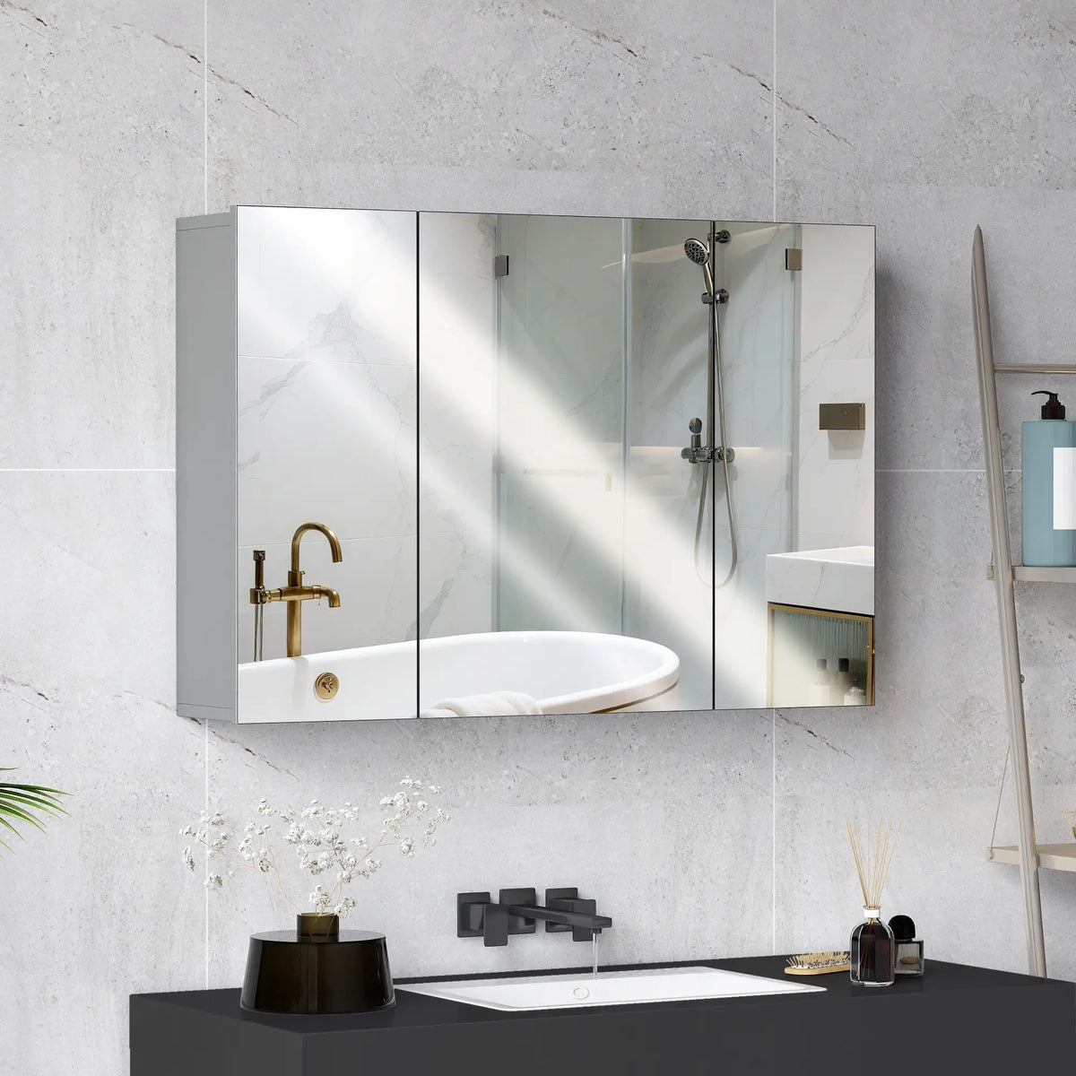 35" x 24" Wall Mirror Cabinet, Bathroom Medicine Cabinet, 3 Doors, Adjustable Shelves, Grey Mirror Medicine Cabinets at Gallery Canada