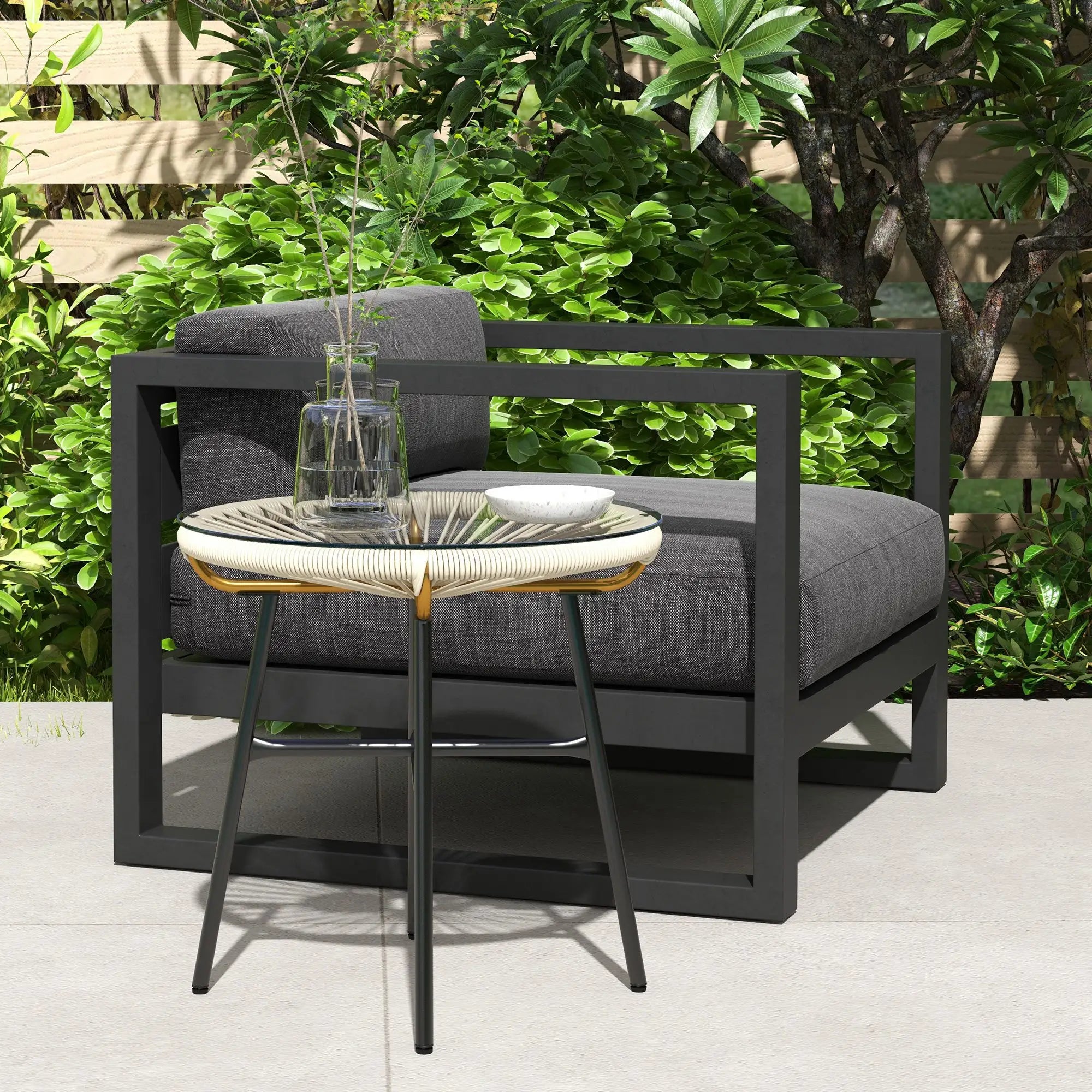 Round Rattan Side Table, With Tempered Glass Top, Cream White Patio Side Tables at Gallery Canada